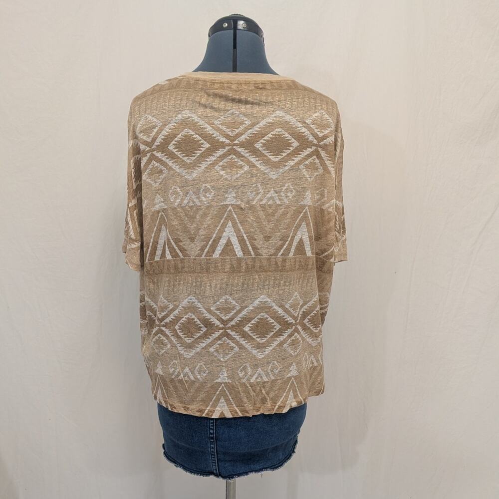 Lauren Ralph Lauren 100% linen beige brown tan geometric print top, size XL - Picture 2 of 7